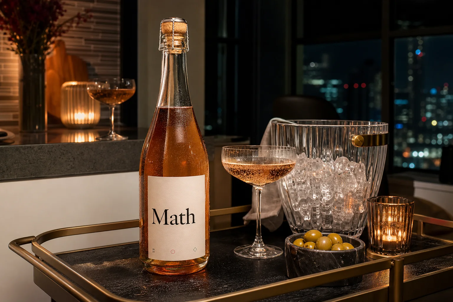Math Wine bottle on a modern apartment bar cart with coupe glasses and an ice bucket